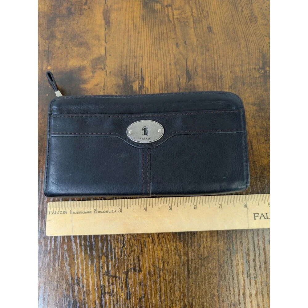 Fossil Maddox Marlow Leather Flap Clutch Wallet Black Vintage Tri-Fold Keyhole